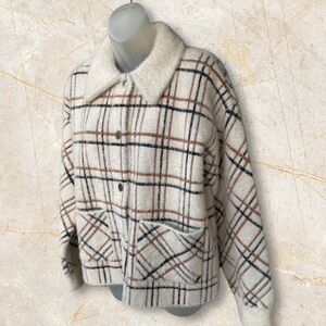 Charlie B short plaid snap up soft fuzzy knit terra-cotta jacket